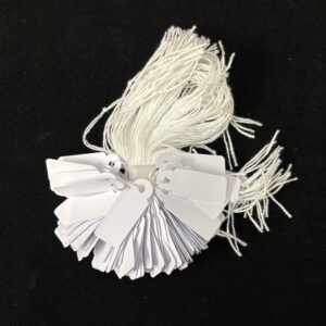 White Card tickets with white cotton strings (bags of 500).